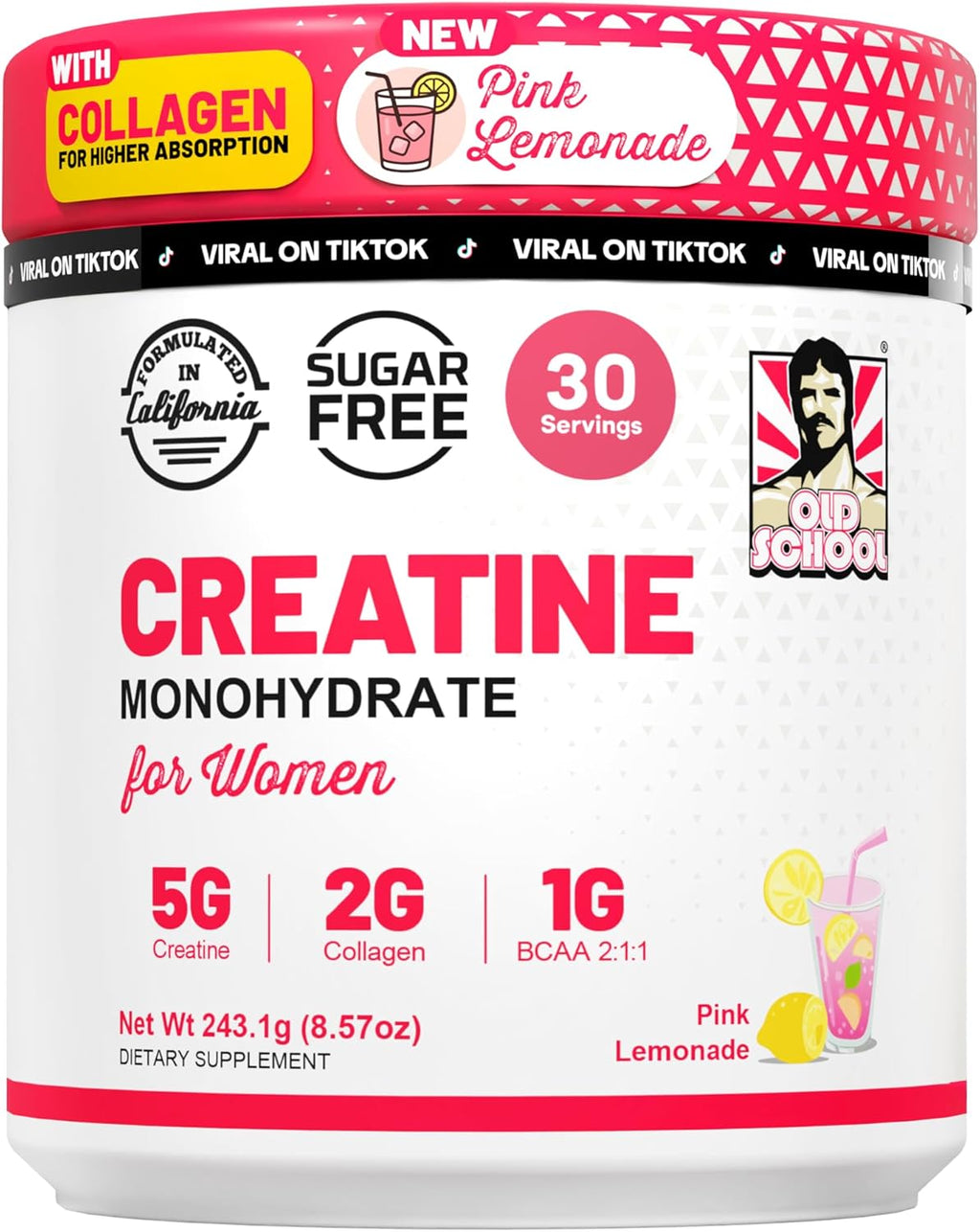 Old School Labs Polvo de monohidrato de creatina de 5g con colágeno y BCAA