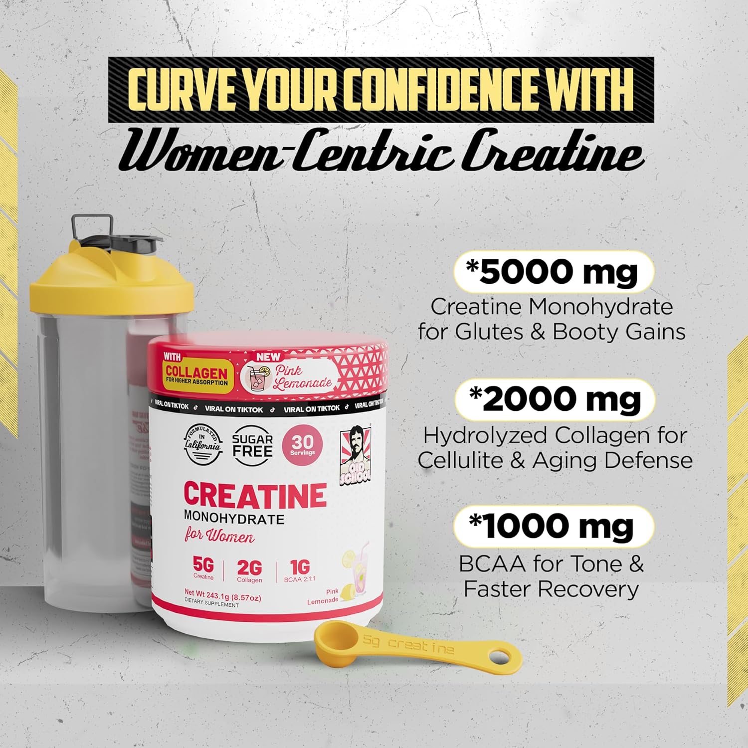 Old School Labs Polvo de monohidrato de creatina de 5g con colágeno y BCAA