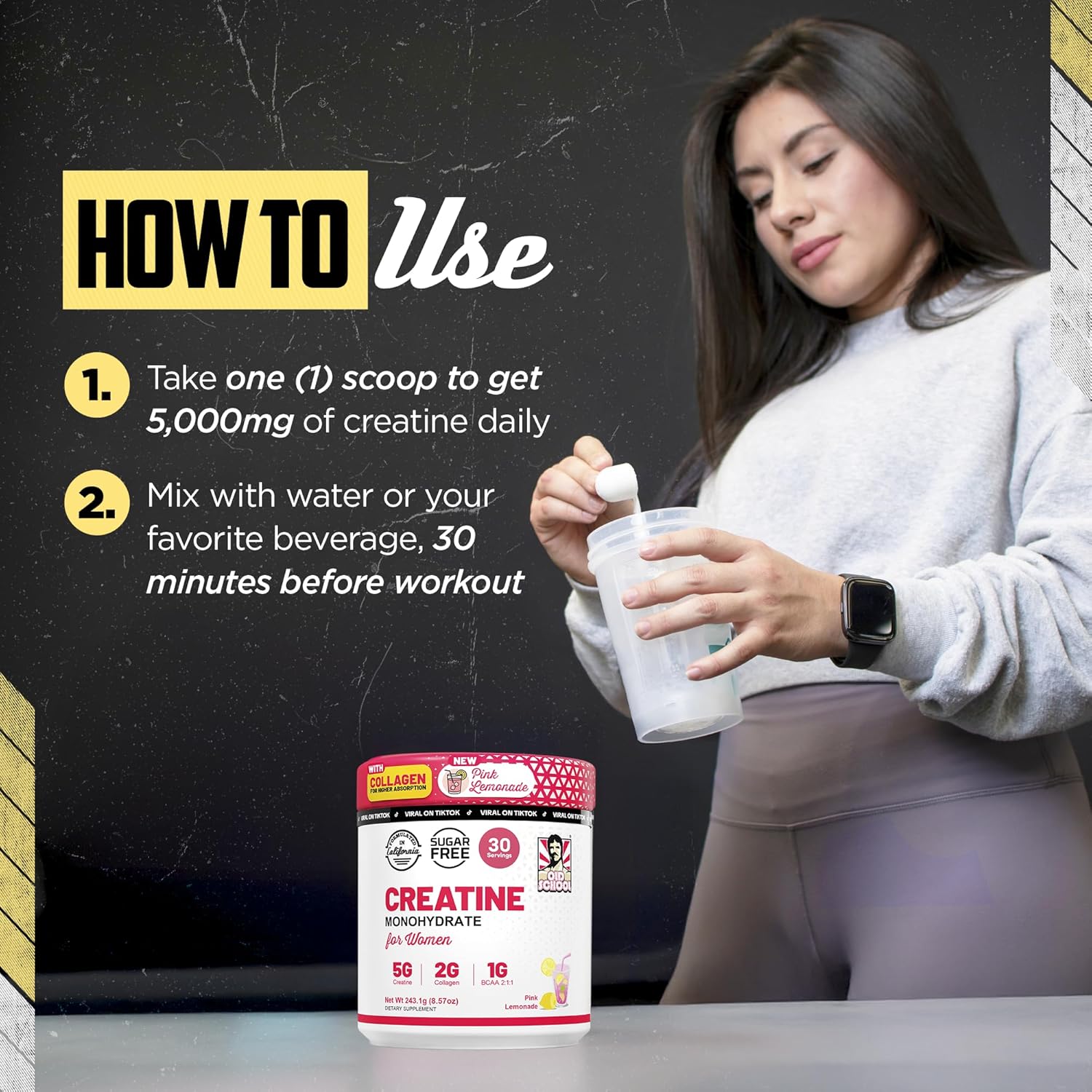 Old School Labs Polvo de monohidrato de creatina de 5g con colágeno y BCAA