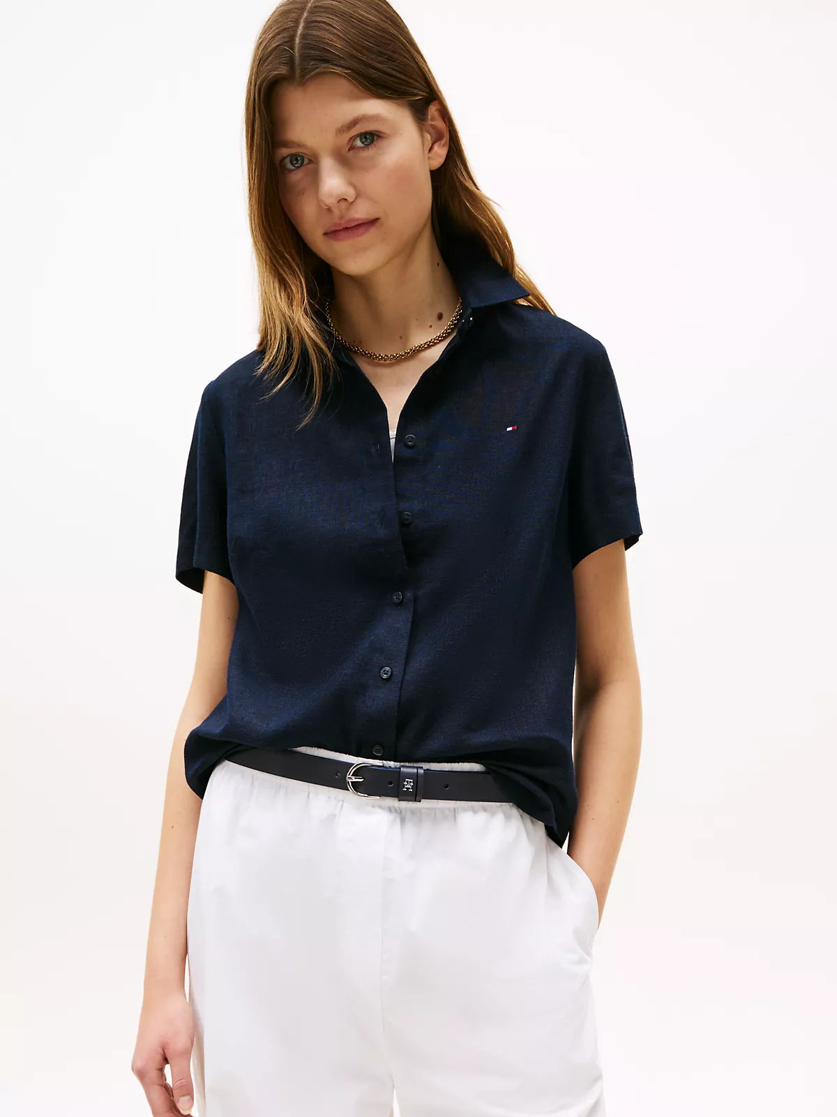 Tommy Camisa de manga corta de mezcla de lino