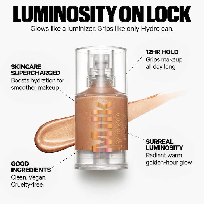 MILK MAKEUP  Prebase iluminadora Hydro Grip + Glow con perlas que reflejan la luz. Tamaño: 30 ml (1 oz)